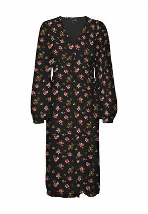 Vestido negro con flores, mangas largas tipo globo, escote en forma de V y detalle de botones, con flores rosas y amarillas sobre un fondo oscuro.