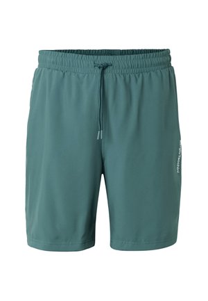 Turquoise elastische taille shorts met verstelbare trekkoord en kleine witte merktekst op de rechterdij, ontworpen voor casual gebruik.