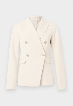 Crèmekleurig double-breasted blazer met lange mouwen, inkeping revers, vier gouden gestructureerde knopen en twee klepzakken.