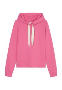 Roze hoodie met lange mouwen, contrasterende witte trekkoorden en een zachte textuur. Rechte pasvorm met een rechte zoom.