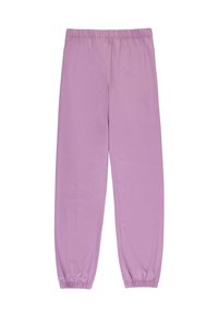 Light purple relaxed-fit pants with an elastic waistband and gathered cuffs, made from soft, stretchable fabric.