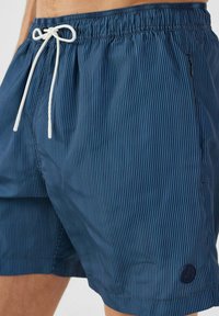 Costumi da bagno da uomo blu con sottili righe verticali. Vita elasticizzata con cordino bianco. Tasca laterale con dettaglio patch del marchio.