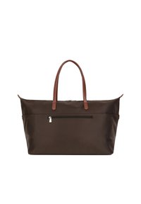 Borsa a tracolla in nylon marrone con manici in pelle sintetica. Presenta una chiusura superiore con zip e una tasca esterna con zip per ulteriore capacità di stoccaggio.