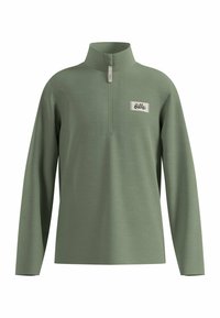 Helle grüne Langarm-Pullover mit hohem Kragen, Viertelreißverschluss und strukturiertem Stoff. Verfügt über ein kleines Logo-Patch auf der Brust.