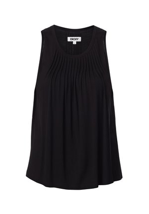 Blusa negra sin mangas con escote redondo y pliegues verticales a lo largo del pecho, con etiqueta de talla pequeña de DKNY.
