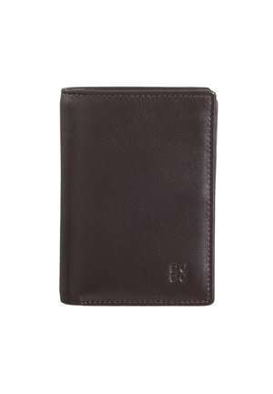Dark brown leather wallet with a smooth texture, foldable design, and embossed logo detail. Features neat stitching along the edges.