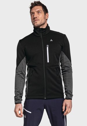 Schwarze und graue Fleecejacke mit hohem Kragen, Frontreißverschluss, zwei Seitentaschen und einer kontrastierenden, mit Reißverschluss versehenen Brusttasche.