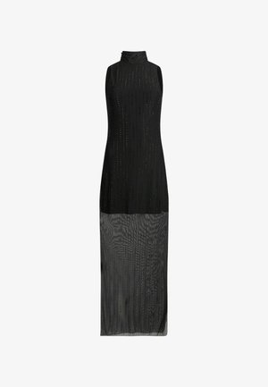 Schwarzes ärmelloses Kleid mit hohem Kragen, das vertikale schimmernde Akzente und ein transparentes unteres Panel aufweist, wodurch ein geschichteter Effekt entsteht.