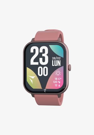 Montre intelligente avec un écran carré, un bracelet en silicone rose, une interface numérique vibrante affichant l'heure, la date et les détails de la météo.