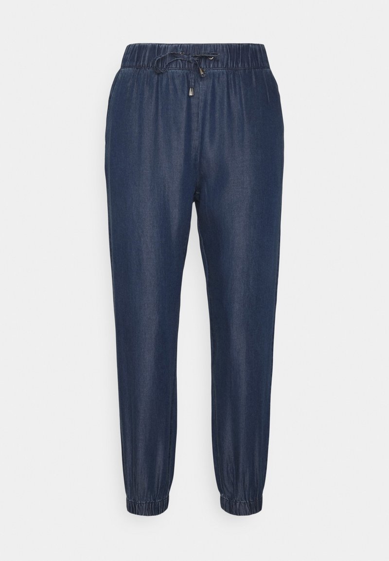 Pantalons jogger en denim bleu foncé avec taille élastique, cordon de serrage et poignets élastiques aux chevilles.