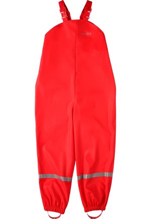 Salopettes imperméables rouges avec des bretelles réglables, des bandes réfléchissantes à la taille, des poignets élastiques et une finition lisse sans texture.