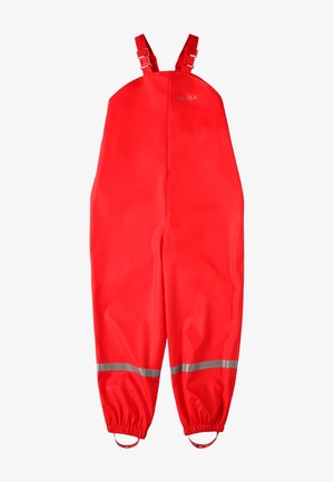 Salopettes imperméables rouges avec des bretelles réglables, des bandes réfléchissantes à la taille, des poignets élastiques et une finition lisse sans texture.