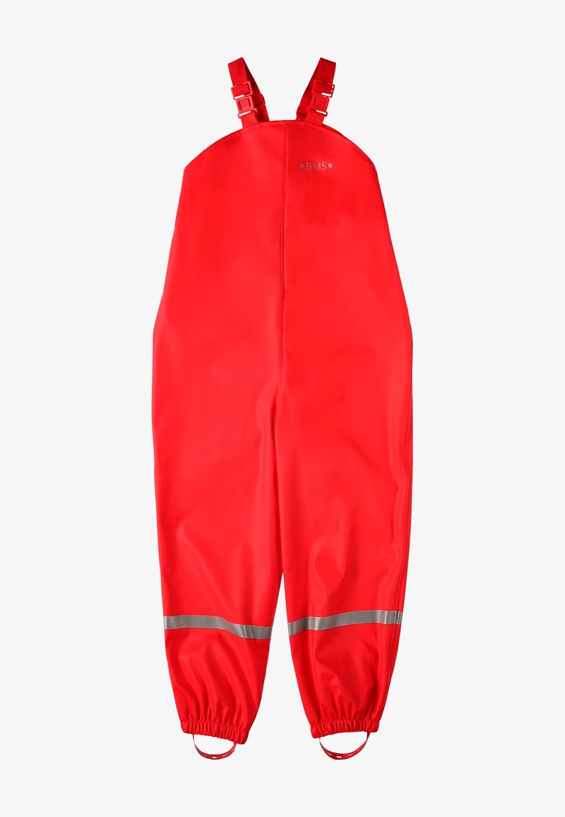 Salopettes imperméables rouges avec des bretelles réglables, des bandes réfléchissantes à la taille, des poignets élastiques et une finition lisse sans texture.