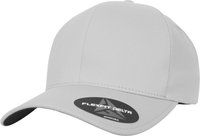 Gray Flexfit Delta cap with a smooth texture, rounded crown, and curved visor. Features an adjustable design and a black logo patch on the front.