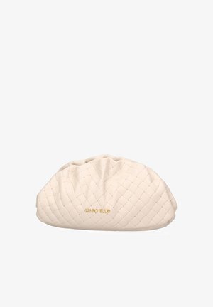 Crèmekleurige leren handtas met een gequilt ontwerp en een geraffineerde bovenkant. Heeft een gouden "Marc Ellis" logo aan de zijkant.