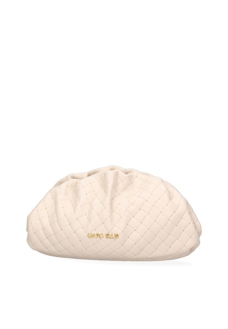 Borsa in pelle color crema con design trapuntato e parte superiore arricciata. Presenta un logo dorato "Marc Ellis" su un lato.