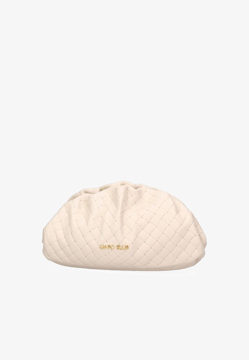 Borsa in pelle color crema con design trapuntato e parte superiore arricciata. Presenta un logo dorato "Marc Ellis" su un lato.