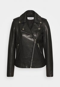 Schwarze Leder-Motorradjacke mit einem geschlitzten Kragen, asymmetrischem Reißverschluss, Reißverschlusstaschen und gesteppten Akzenten am Saum.
