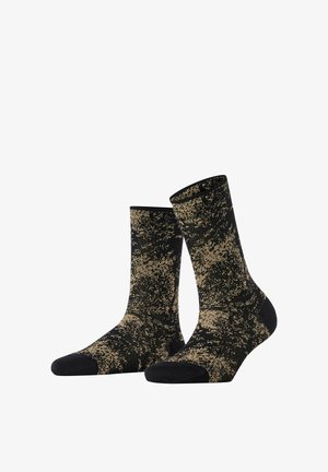 Zwart-gouden sokken met een patroon, halflang tot de kuit, met een textuurontwerp en effen zwarte teen- en hielgedeelten.