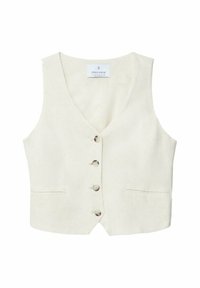 Witte linnen vest met een V-hals, vijf knopen aan de voorkant, twee zijzakken en een minimalistisch ontwerp met een subtiele textuur.