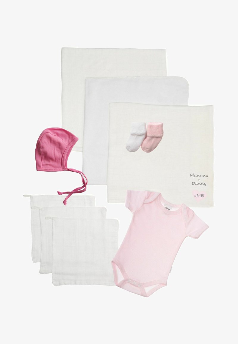 Baby gift set includes four white muslin cloths, a pink cotton beanie, a pink striped onesie, and matching pink and white booties.
