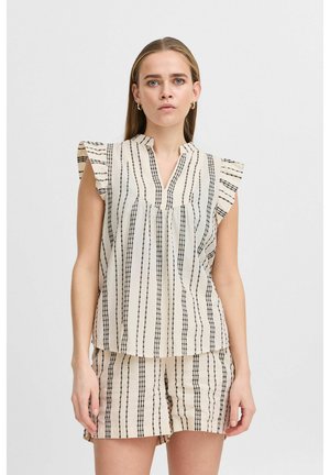 Blouse légère à rayures crème avec des lignes verticales noires. Présente un col en V, des manches courtes à volants et une coupe décontractée.