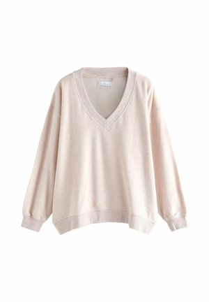 V-Ausschnitt Oversized Sweatshirt aus weichem beigen Stoff, mit langen Ärmeln und elastischen Bündchen sowie einem lässigen Schnitt.