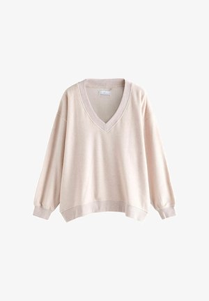 V-Ausschnitt Oversized Sweatshirt aus weichem beigen Stoff, mit langen Ärmeln und elastischen Bündchen sowie einem lässigen Schnitt.