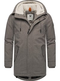 Gray, textured parka with a hood and faux fur lining. Features a front zipper, multiple pockets, and a leather accent on the collar.