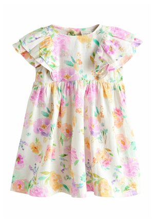 Hvid småbørnkjole med pastel lyserød, gul, lilla og grøn blomsterprint, skulder flæser og rynket talje.