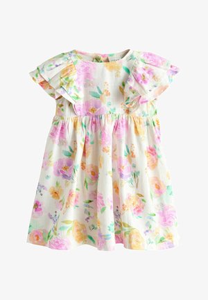 White toddler dress with pastel pink, yellow, purple, and green floral print, ruffled short sleeves, and gathered waist.