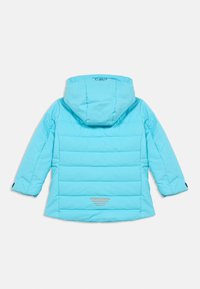 Blue puffer jacket with a hood, featuring horizontal quilted panels and a reflective accent near the hem. Smooth, lightweight material.