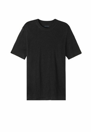 Black short-sleeved t-shirt made of soft fabric. Features a crew neck and a relaxed fit with no visible patterns or accents.