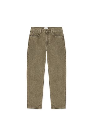 Straight-leg olive green denim jeans with front pockets, belt loops, and button closure, laid flat on a white background.