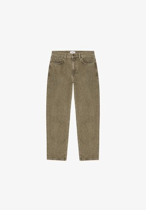 Straight-leg olive green denim jeans with front pockets, belt loops, and button closure, laid flat on a white background.
