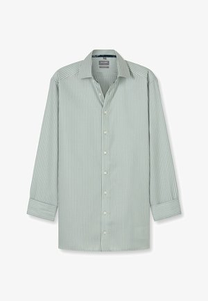 Hellgrünes Langarmhemd mit feinen weißen Streifen. Verfügt über einen Button-Down-Kragen und Knöpfe an der Vorderseite. Die Manschetten sind ordentlich gefaltet.