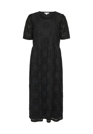 Black lace midi dress with short sleeves, round neckline, flared skirt, featuring floral patterns and a textured fabric.