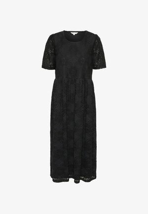 Črna čipkasta midi obleka s kratkimi rokavi, okroglo dekoltejem, razširjenim krilom, ki vsebuje cvetlične vzorce in teksturirano tkanino.