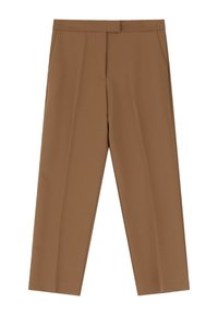 Pantaloni marroni in tessuto liscio, con vita piatta, due tasche laterali e gamba dritta. Nessuna ferramenta visibile né disegni.