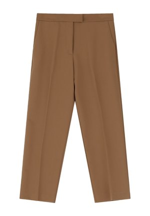 Pantaloni marroni in tessuto liscio, con vita piatta, due tasche laterali e gamba dritta. Nessuna ferramenta visibile né disegni.