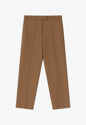 Pantaloni marroni in tessuto liscio, con vita piatta, due tasche laterali e gamba dritta. Nessuna ferramenta visibile né disegni.