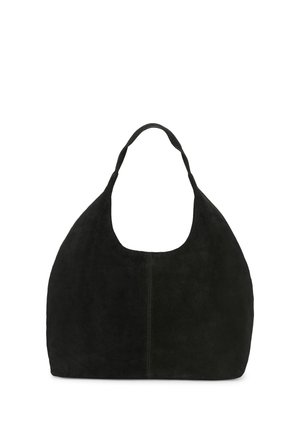 Black suede handbag with a rounded top handle and a soft, slouchy hobo shape against a white background.