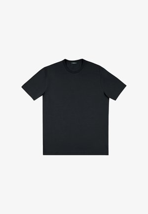 Schwarzes T-Shirt mit kurzen Ärmeln aus weicher Baumwolle. Verfügt über einen runden Ausschnitt und ein einfaches, unauffälliges Design. Standardpassform und einfarbig.