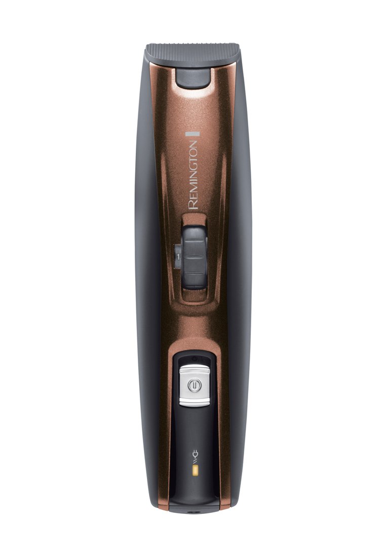 Cortadora de cabello eléctrica Remington inalámbrica en bronce y negro con interruptor de encendido y dial de longitud adjustable.