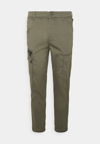 Olijfgroene cargobroek van katoen met een slim fit. Bevat meerdere zakken, inclusief zijzakken met rits, en eenvoudige stiksels.