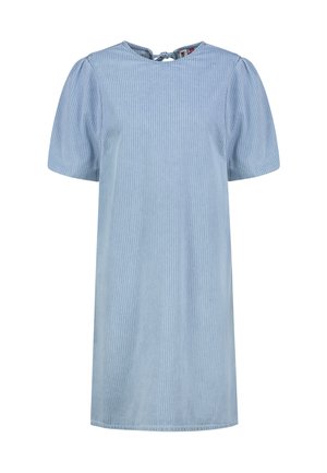 Hellblaues Kurzarmkleid mit dezenten weißen vertikalen Streifen, rundem Ausschnitt und Bindverschluss hinten.