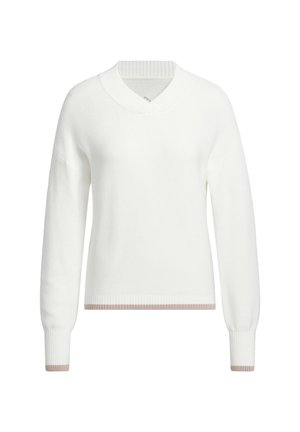 Maglione bianco lavorato a maglia con scollatura a V, colletto e polsini a coste. Presenta una striscia beige a contrasto all'orlo. Texture leggera.