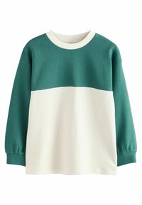 Grün-weißer Farbblock-Sweatshirt aus weicher Baumwolle, mit einem runden, gerippten Ausschnitt, langen Ärmeln und elastischen Bündchen.