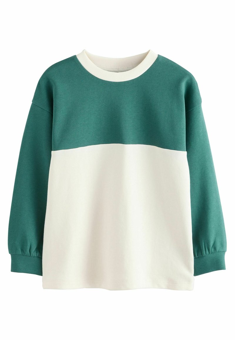 Grün-weißer Farbblock-Sweatshirt aus weicher Baumwolle, mit einem runden, gerippten Ausschnitt, langen Ärmeln und elastischen Bündchen.