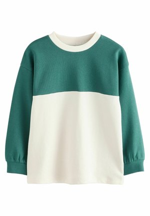 Sweatshirt coloré en vert et blanc en coton doux, avec un col rond en rib rib, des manches longues et des poignets élastiqués.